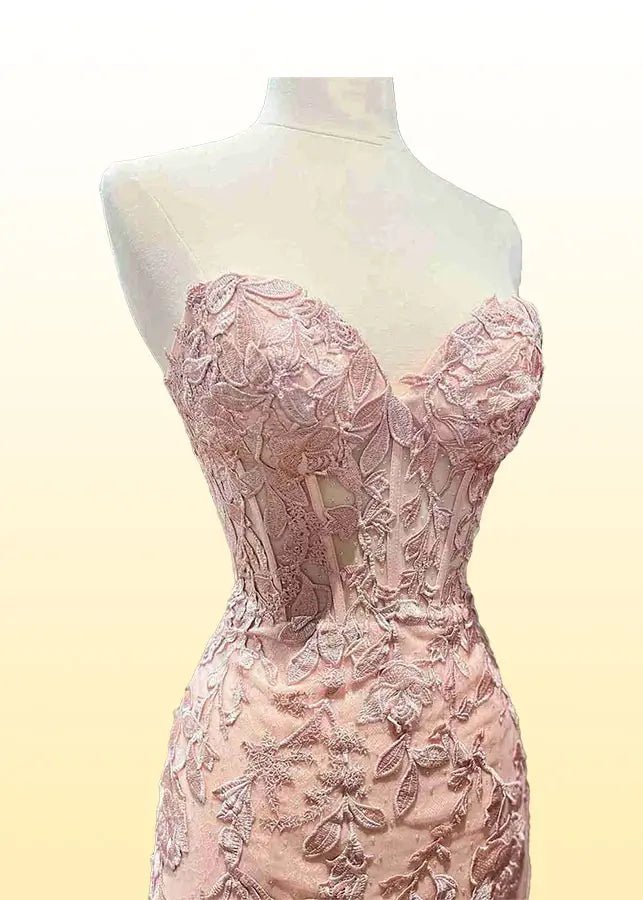 Edwina | Royal Blue Prom Dresses Long Mermaid Strapless Lace Corset with Slit - Pink - PromDressClub