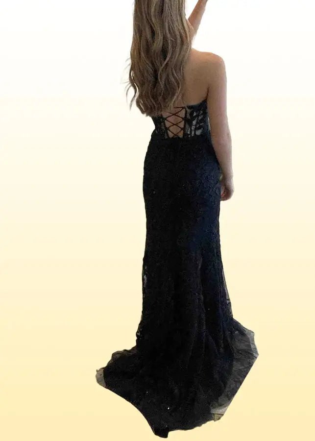 Edwina | Royal Blue Prom Dresses Long Mermaid Strapless Lace Corset with Slit - Black - PromDressClub