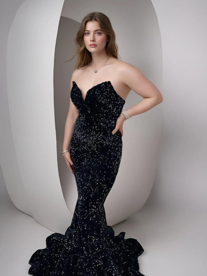 Frances | Burgundy Mermaid Sequin Corset Backless Prom Dress with Train - Black - PromDressClub