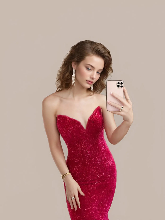 Frances | Burgundy Mermaid Sequin Corset Backless Prom Dress with Train - Burgundy - PromDressClub