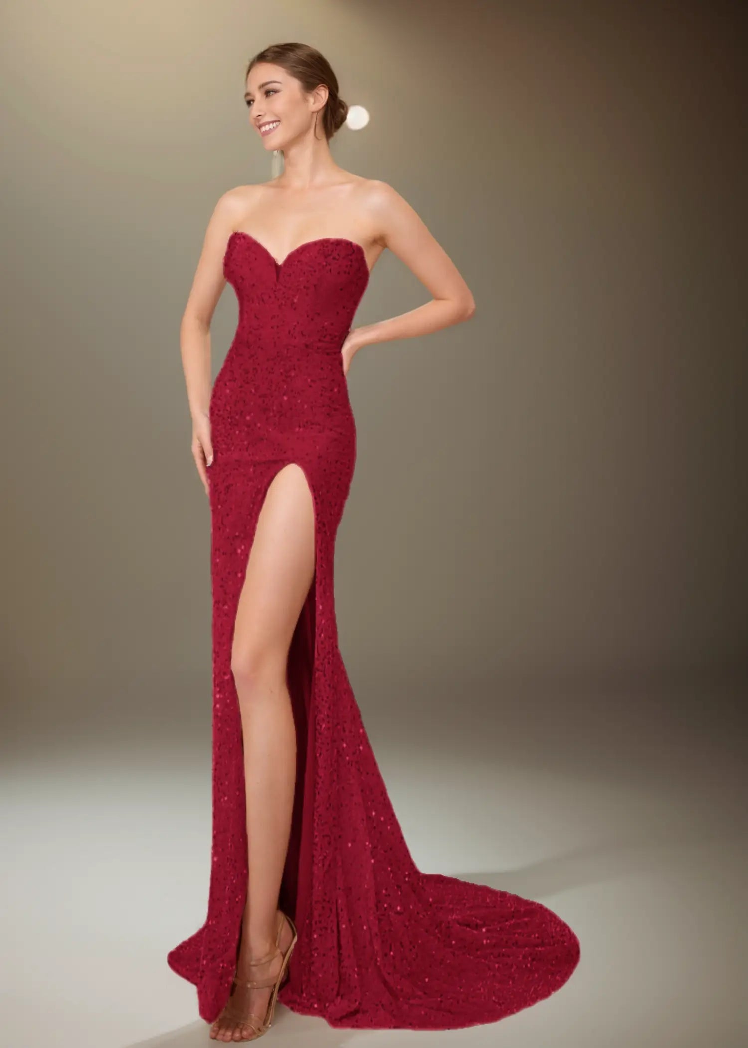 Wallis |Trumpet/Mermaid Sweetheart Neckline Lace - up Back Front Slit Long Pink Prom Dress With Sequins - Burgundy - US0 - PromDressClub