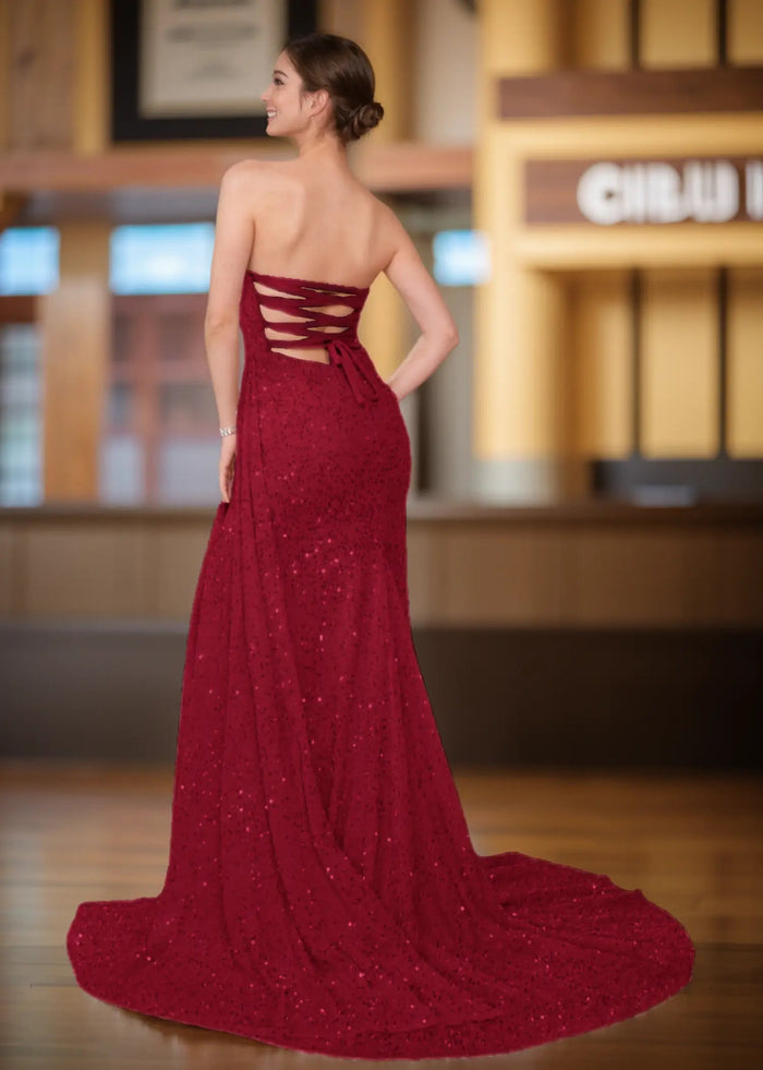 Wallis | Light Pink Mermaid Strapless Sweetheart Neck Prom Dress with Slit and Train - Burgundy - PromDressClub