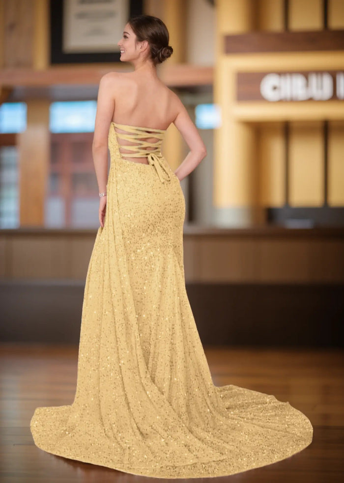 Wallis | Light Pink Mermaid Strapless Sweetheart Neck Prom Dress with Slit and Train - Gold - PromDressClub