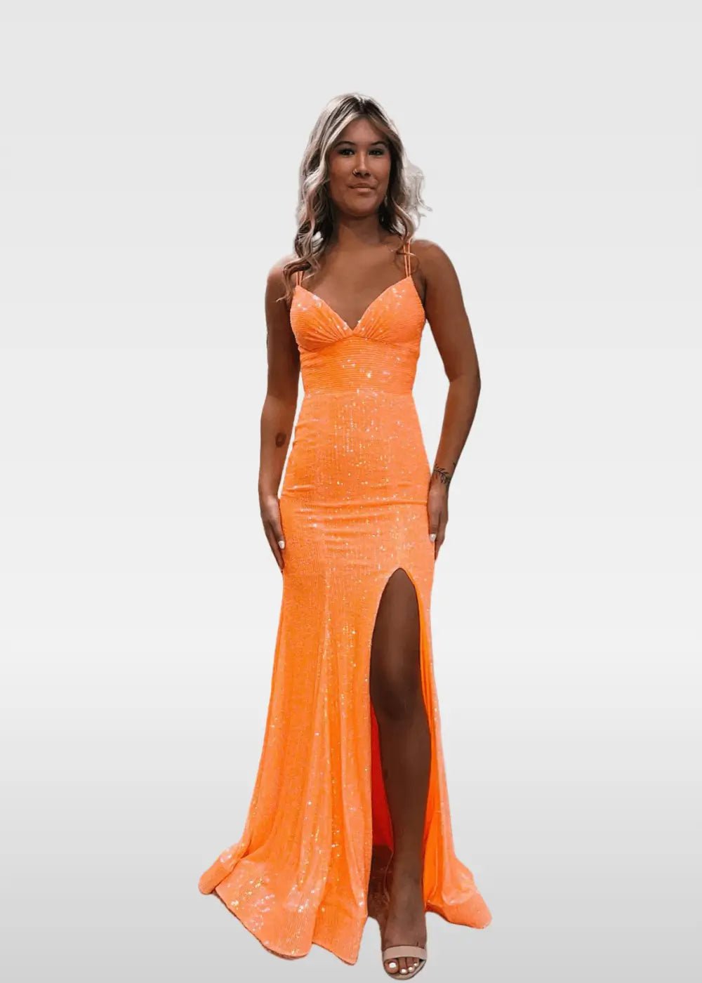 Elvira |Trumpet/Mermaid V - Neck Spaghetti Straps Ivory Sequins Long Prom Dress with Split Front - Orange - US0 - PromDressClub