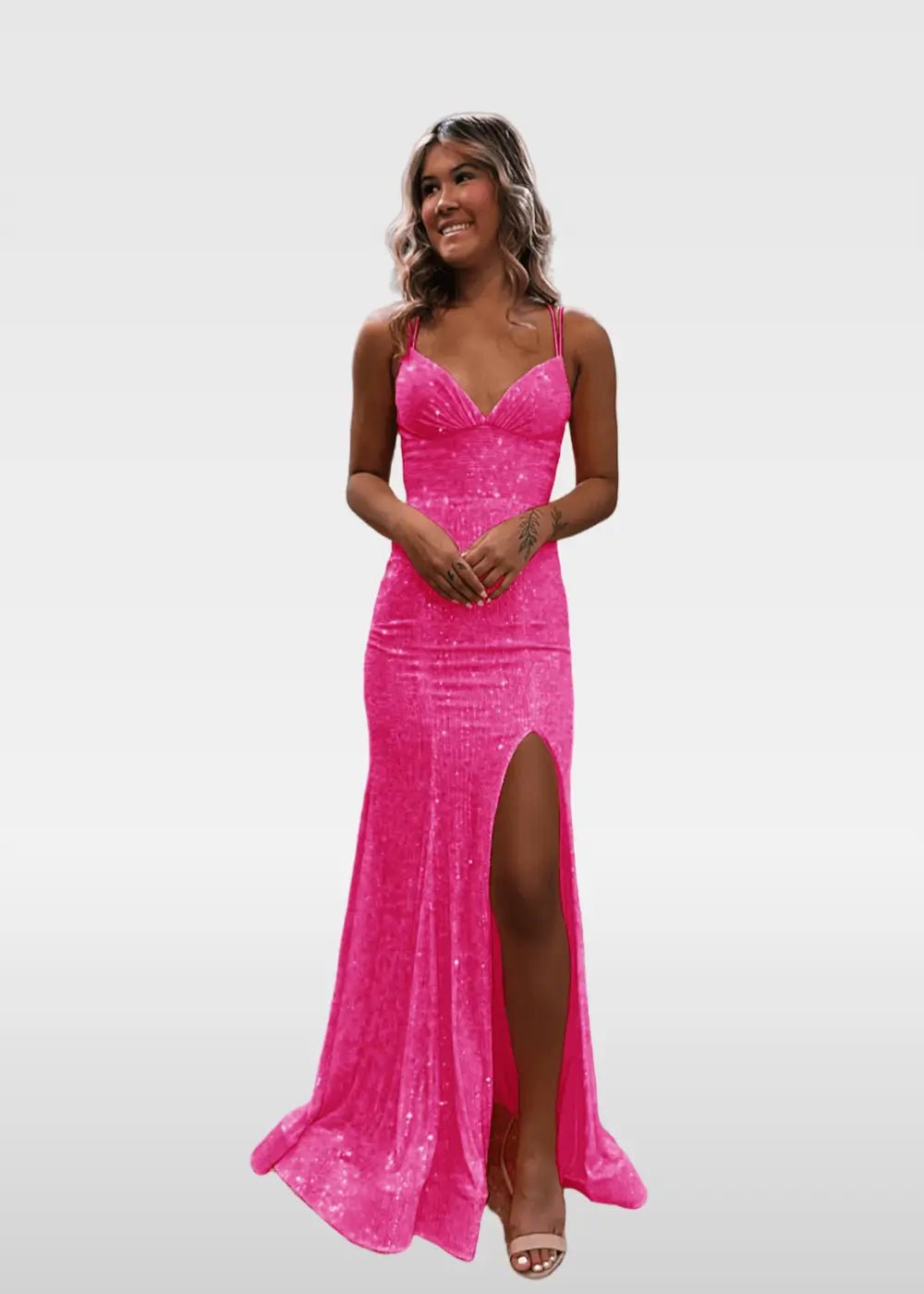 Elvira |Trumpet/Mermaid V - Neck Spaghetti Straps Ivory Sequins Long Prom Dress with Split Front - Fuchsia - US0 - PromDressClub