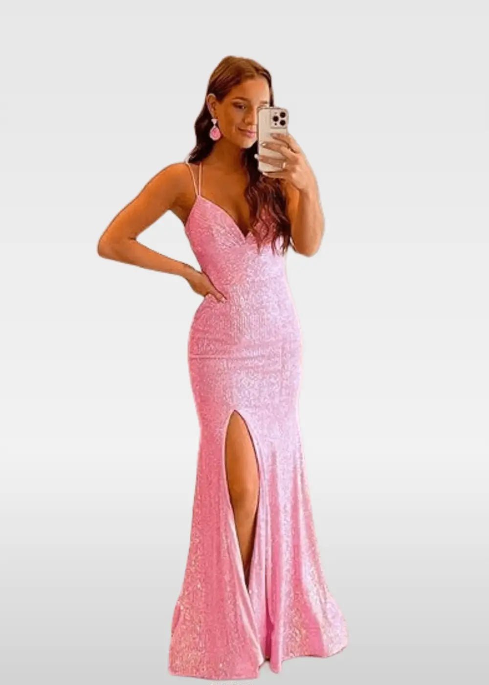 Elvira |Trumpet/Mermaid V - Neck Spaghetti Straps Ivory Sequins Long Prom Dress with Split Front - Blush - US0 - PromDressClub