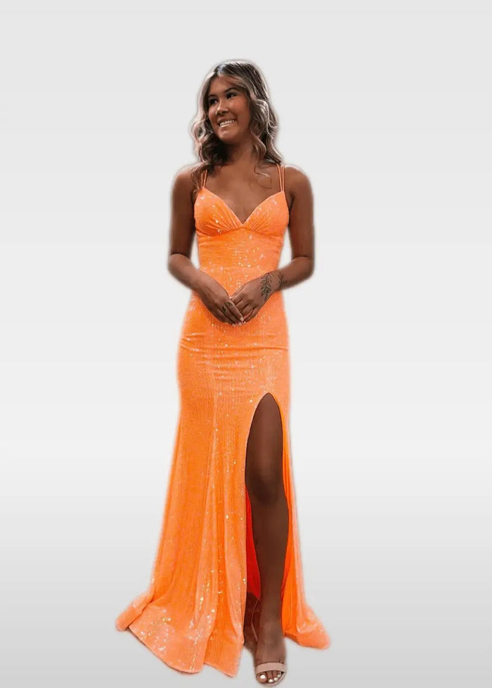 Elvira | Ivory and Orange Mermaid V Neck Prom Dress Royal Blue Sequin with Slit - Orange - PromDressClub