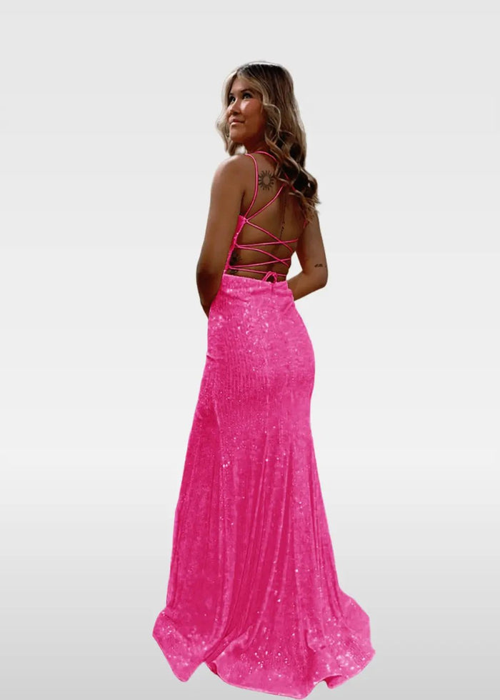 Elvira | Ivory and Orange Mermaid V Neck Prom Dress Royal Blue Sequin with Slit - Fuchsia - PromDressClub