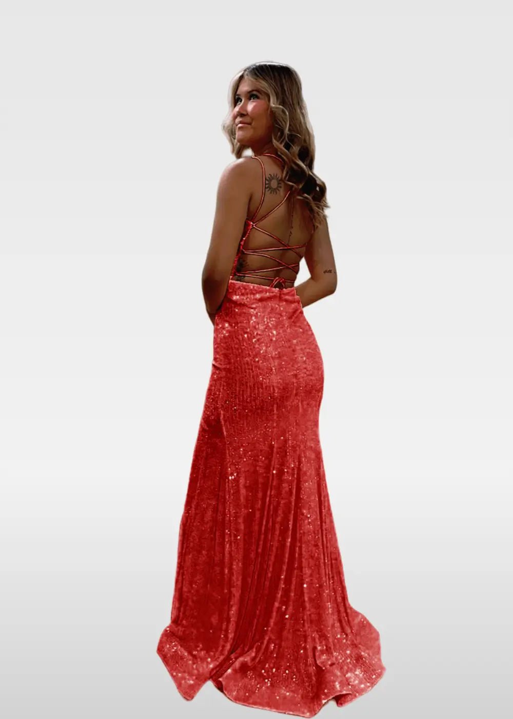 Elvira |Trumpet/Mermaid V - Neck Spaghetti Straps Ivory Sequins Long Prom Dress with Split Front - Red - US0 - PromDressClub