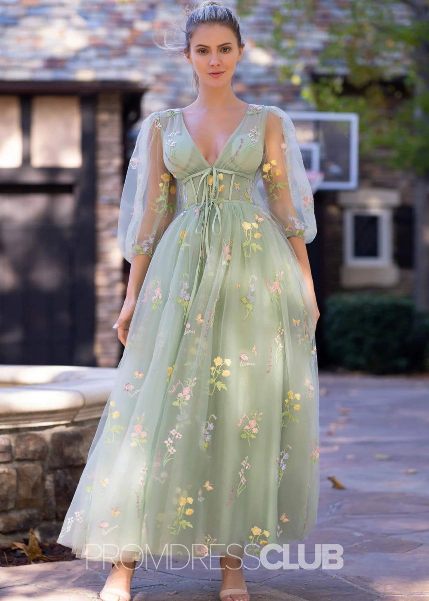 Tulle Sage Floral Prom Dress Long With A - line V - neck Embroidery - Sage Floral - PromDressClub