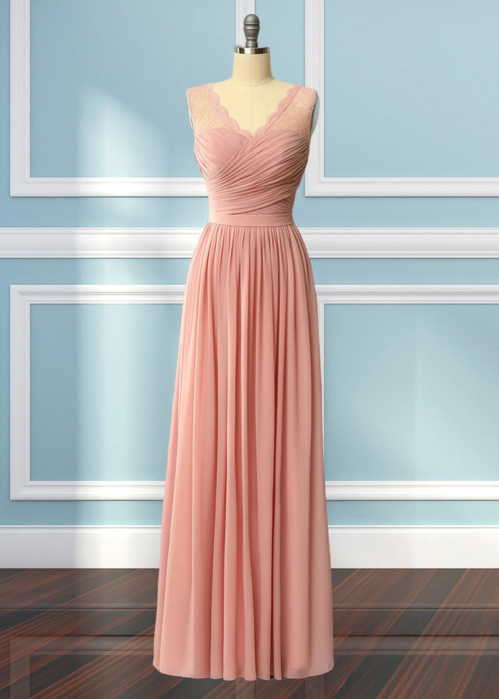 Ula | A Line Corset Lace Embroidered White Chiffon Long Bridesmaid Dress - Price #price_variant_lowest# - Blush - PromDressClub