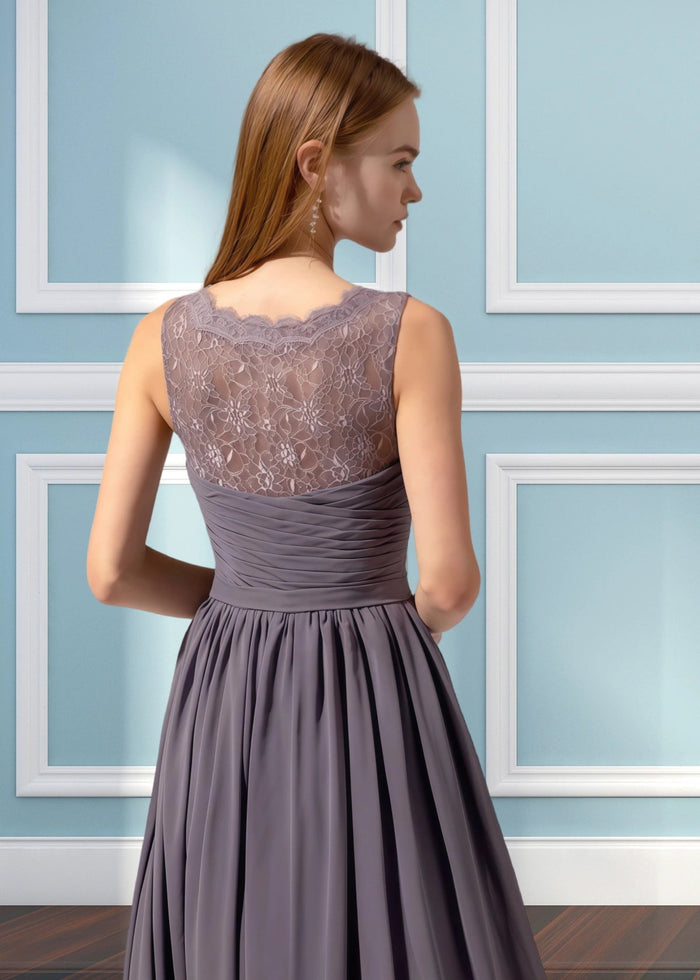 Ula | A Line Corset Lace Embroidered White Chiffon Long Bridesmaid Dress - Price #price_variant_lowest# - Grey - PromDressClub