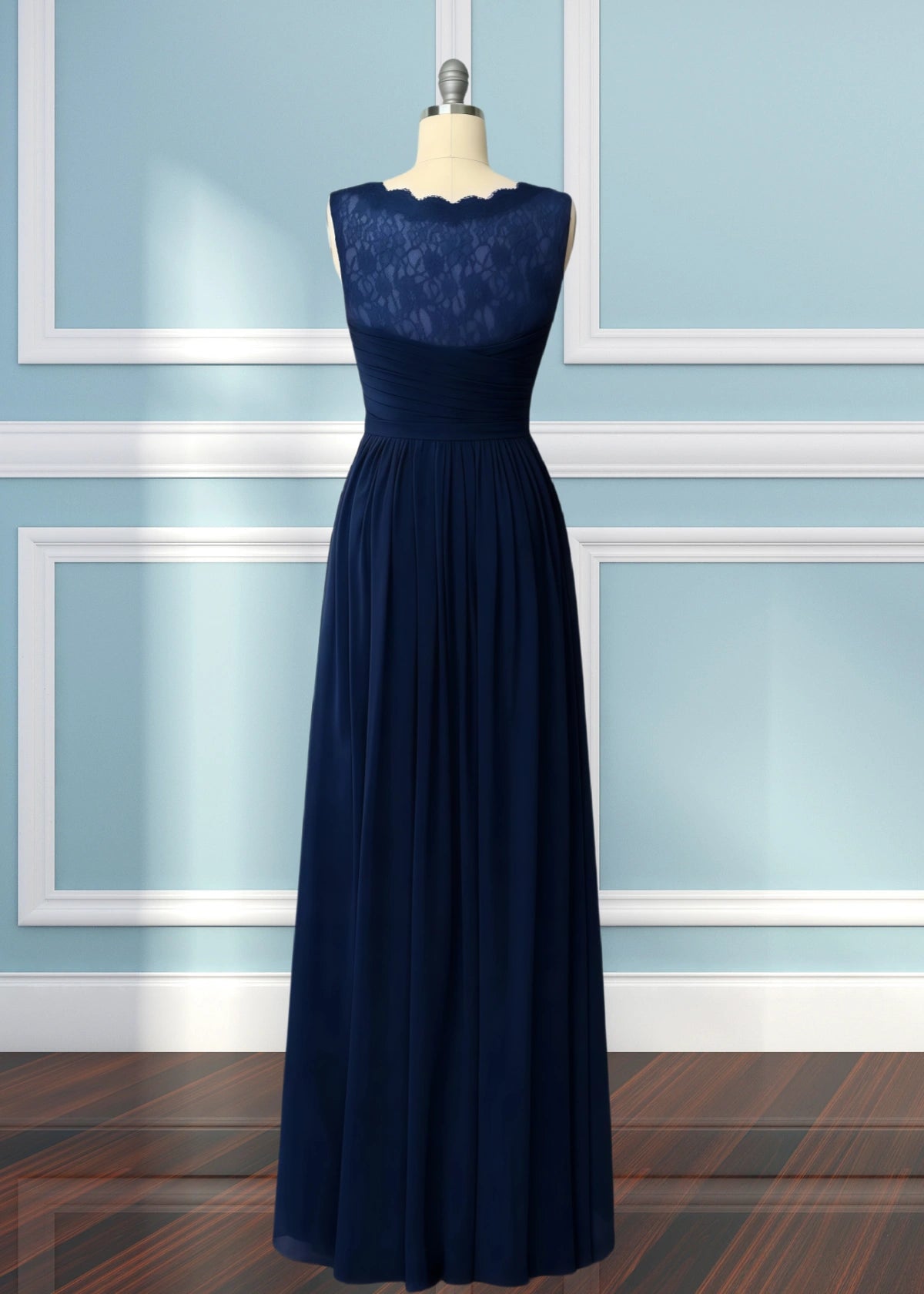 Ula | A Line Corset Lace Embroidered White Chiffon Long Bridesmaid Dress - Navy Blue - PROMDRESS Club