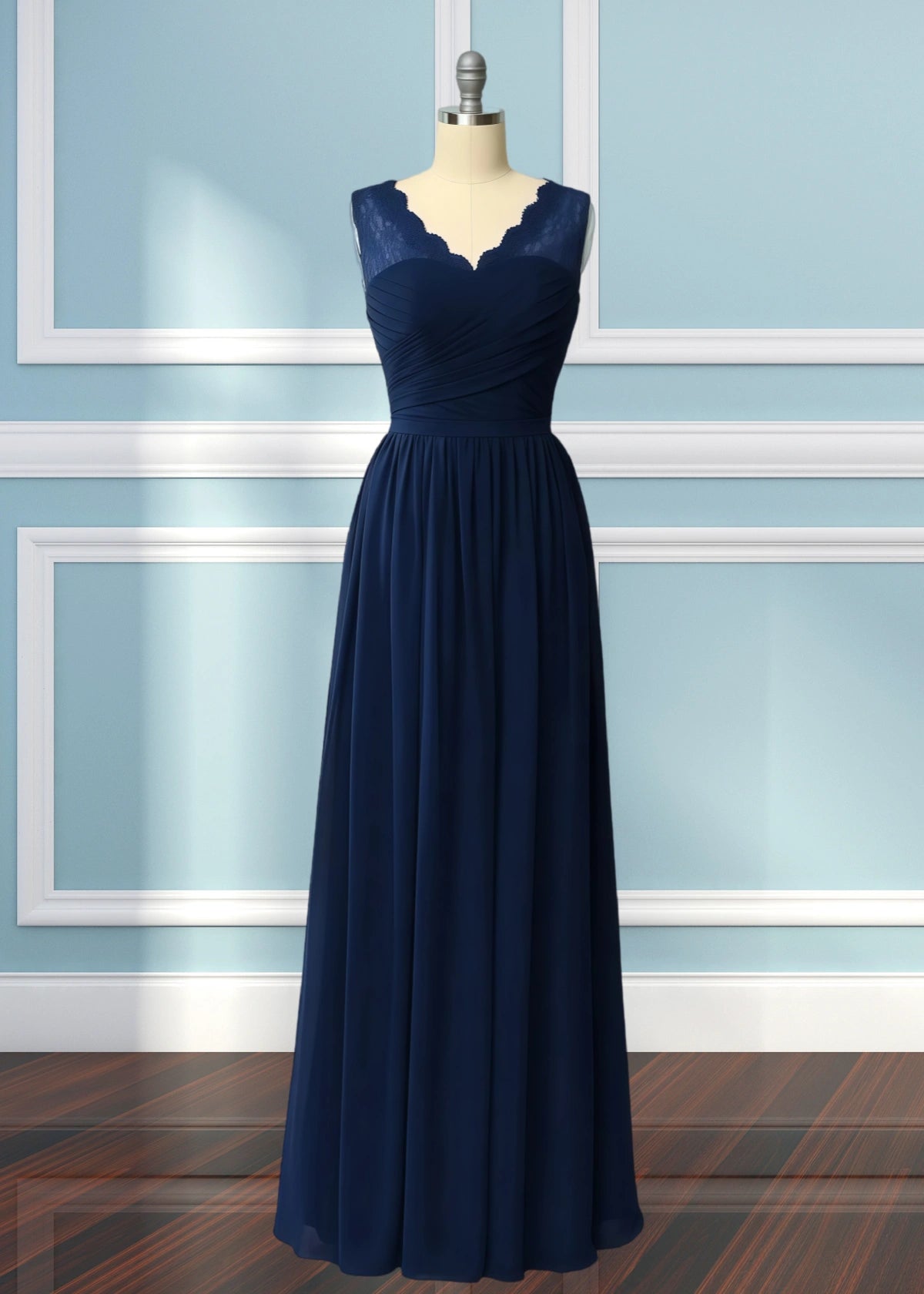 Ula | A Line Corset Lace Embroidered White Chiffon Long Bridesmaid Dress - Navy Blue - PROMDRESS Club