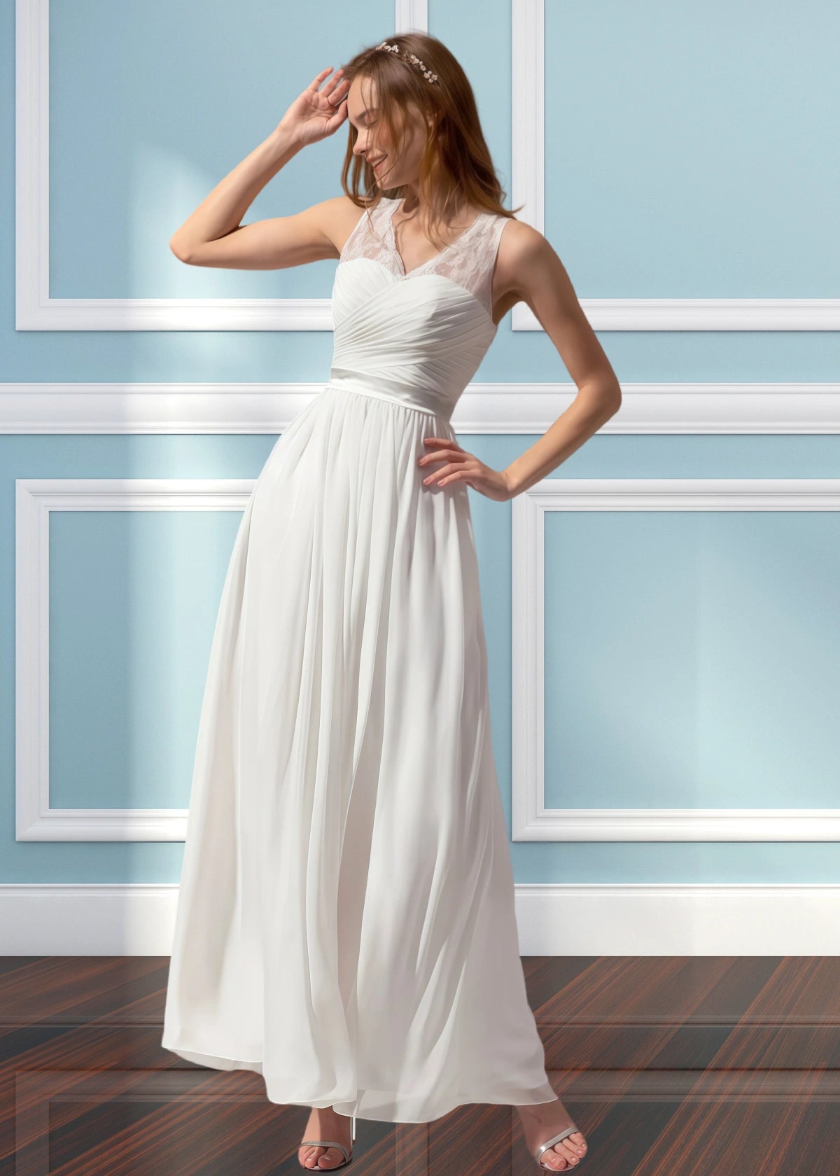 Ula | A Line Corset Lace Embroidered White Chiffon Long Bridesmaid Dress - White - PROMDRESS Club