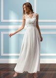 Ula | A Line Corset Lace Embroidered White Chiffon Long Bridesmaid Dress - White - PROMDRESS Club