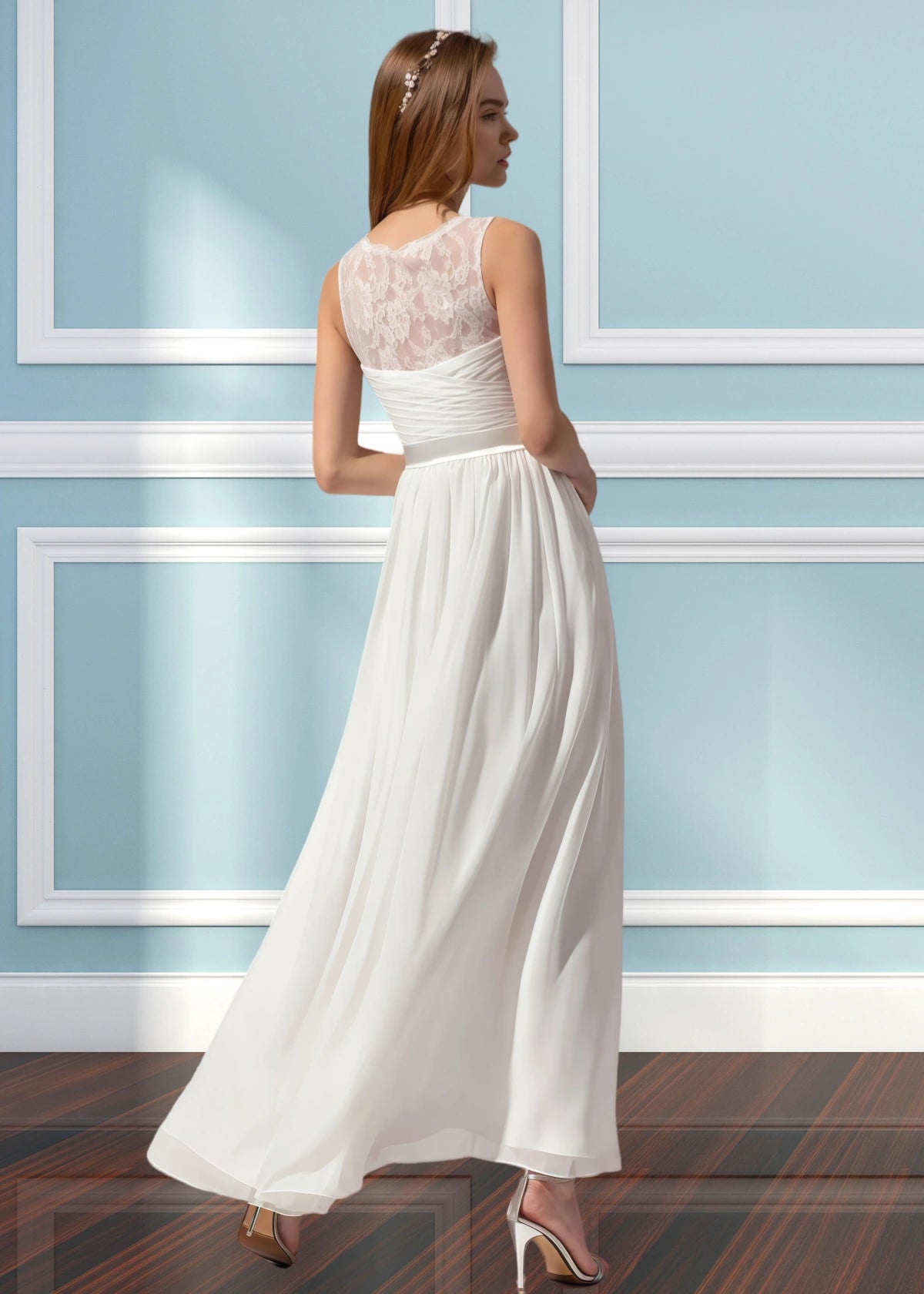 Ula | A Line Corset Lace Embroidered White Chiffon Long Bridesmaid Dress - White - PROMDRESS Club