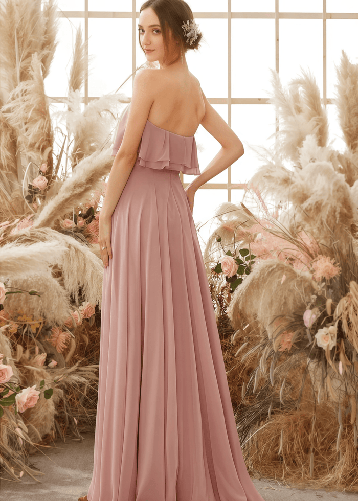Ursula | A Line Strapless Blush Chiffon Maxi Bridesmaid Dress - Price #price_variant_lowest# - Blush - PromDressClub