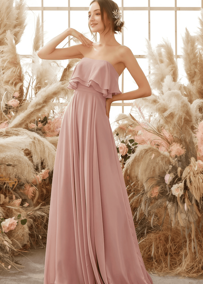 Ursula | A Line Strapless Blush Chiffon Maxi Bridesmaid Dress - Price #price_variant_lowest# - Blush - PromDressClub