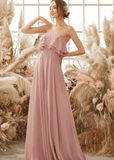 Ursula | A Line Strapless Blush Chiffon Maxi Bridesmaid Dress - Blush - PROMDRESS Club