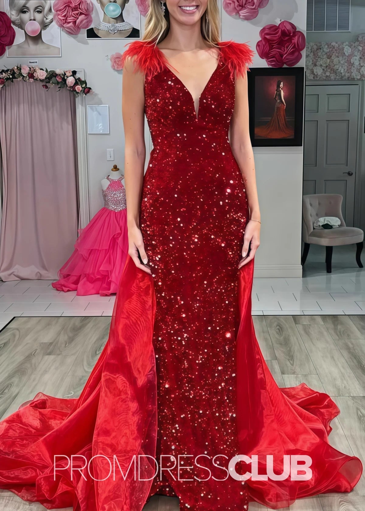 Ursula |Red Dress Prom Long Mermaid With V - Neck Sequin Feathers Cape - Red - PromDressClub