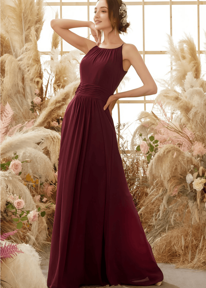 Valerie | A Line Elegant Corset Burgundy Chiffon Long Bridesmaid Dress - Price #price_variant_lowest# - Burgundy - PromDressClub