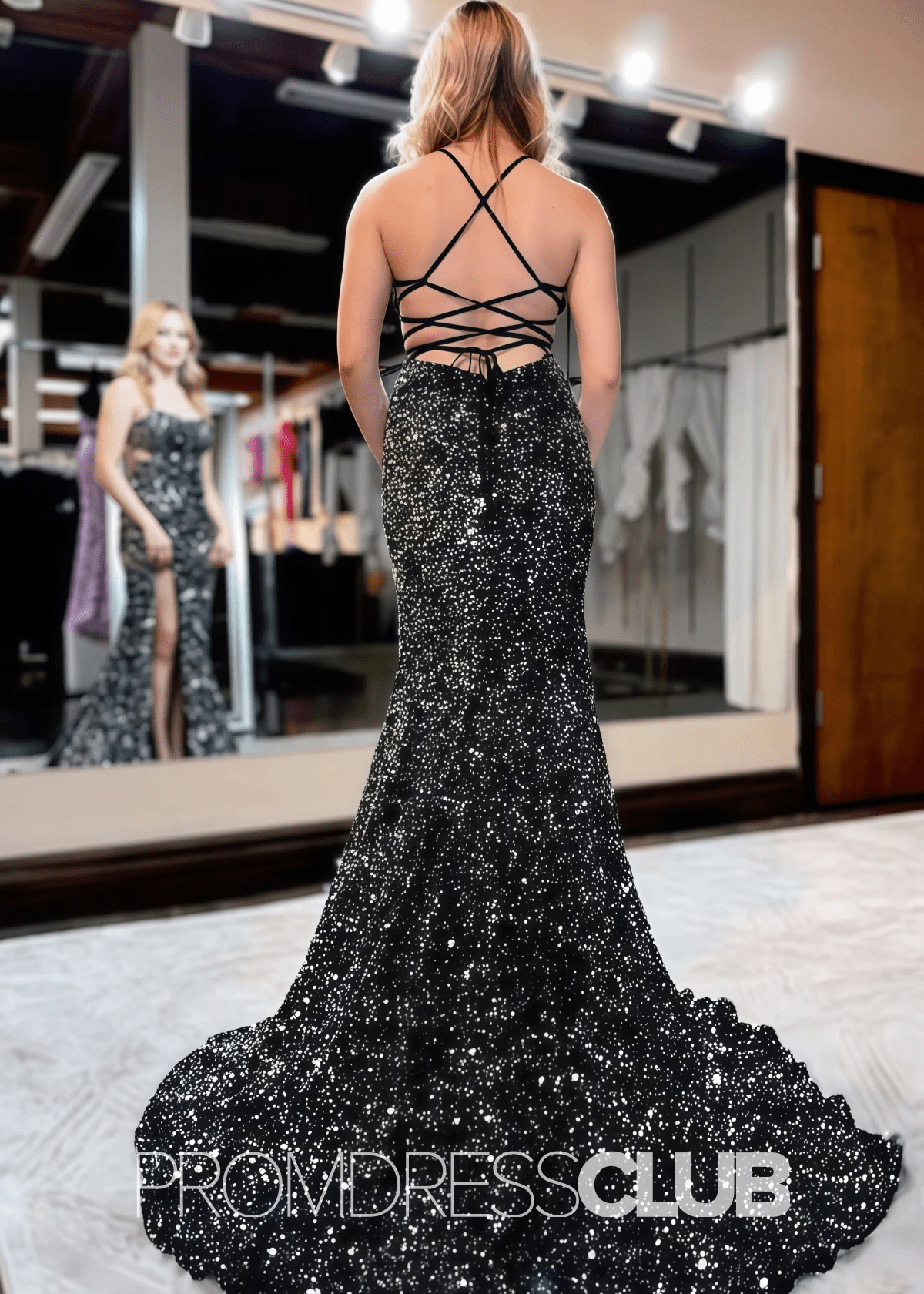 Vanessa |Dress for Prom Black Long Mermaid With Sequin Lace - Up Back Slit - Black - PromDressClub