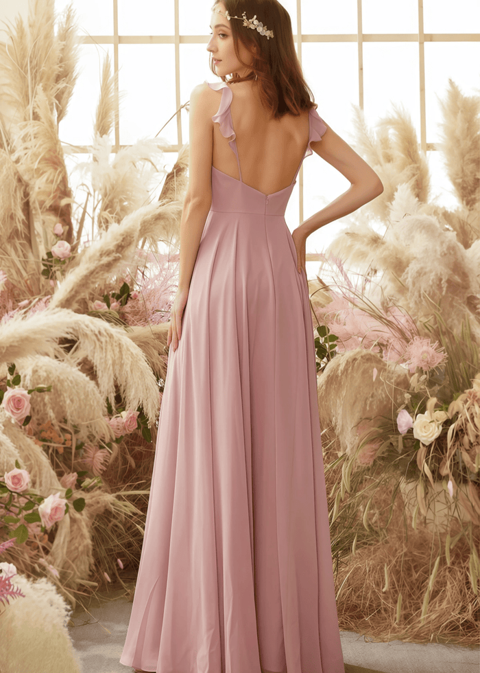 Venus | Blush Chiffon A Line Long Birdesmaid Dress with Spaghetti Straps - Price #price_variant_lowest# - Blush - PromDressClub
