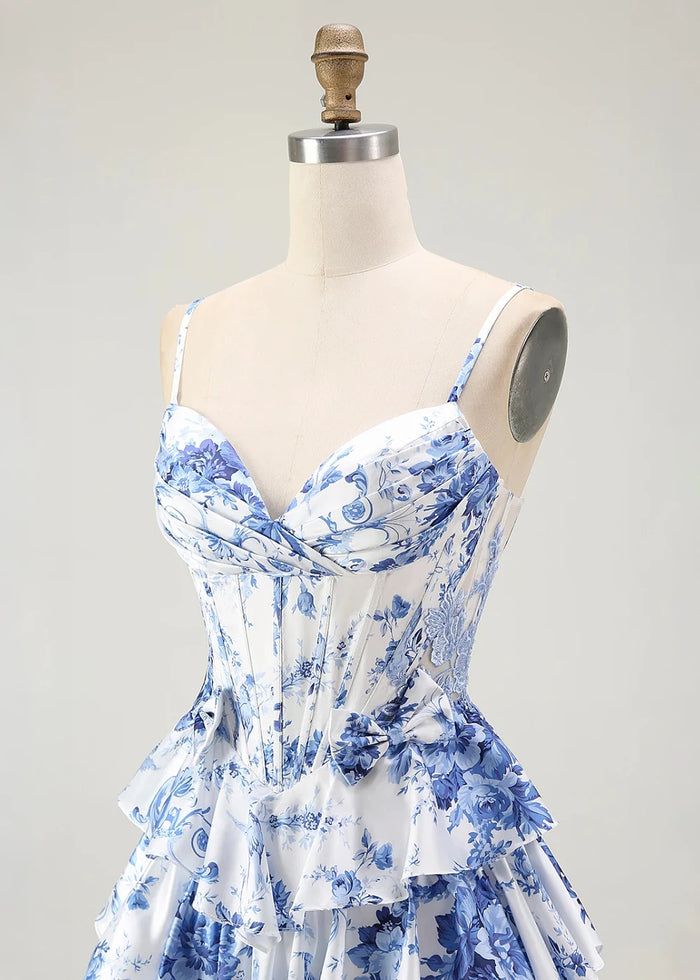 Vera Corset Blue Floral Print Prom Dress | A - Line Spaghetti Strap Sweetheart Tiered Ruffle Formal Dress with Slit - Blue Floral - PromDressClub