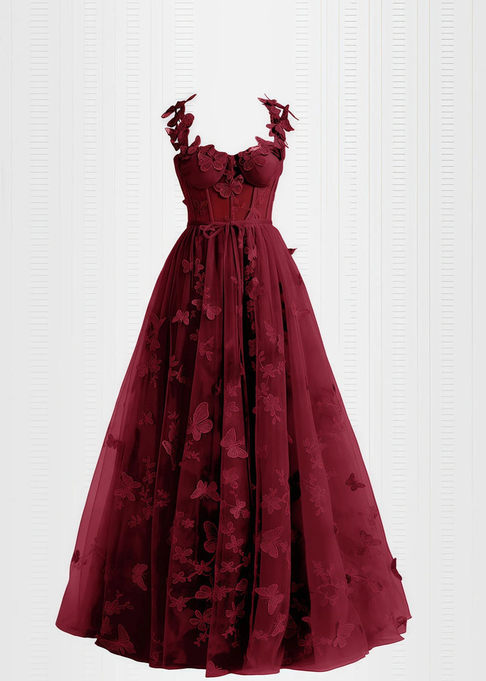 Verna |Lilac Prom Dresses Long A - line Lace Slit Corset with 3D Butterfly - Burgundy - PromDressClub