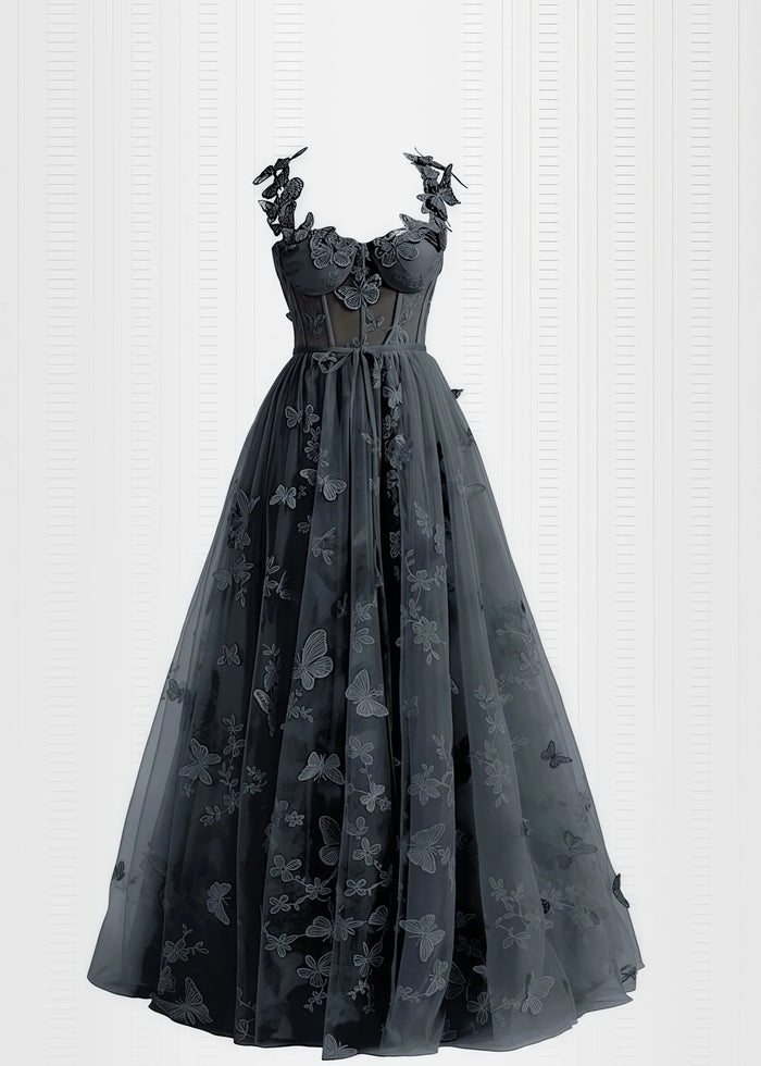 Verna |Lilac Prom Dresses Long A - line Lace Slit Corset with 3D Butterfly - Navy Blue - PromDressClub