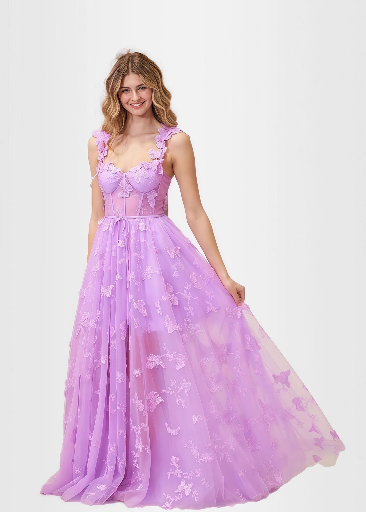 Verna |A - line Lace Lilac Green Slit Corset Prom Dress with 3D Butterfly - Lilac - US0 - PromDressClub