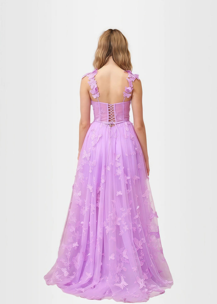 Verna |Lilac Prom Dresses Long A - line Lace Slit Corset with 3D Butterfly - Lilac - PromDressClub