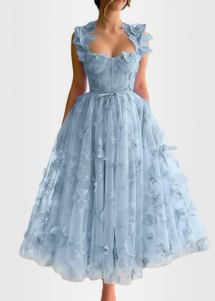 Verna |Lilac Prom Dresses Long A - line Lace Slit Corset with 3D Butterfly - Sky Blue - PromDressClub