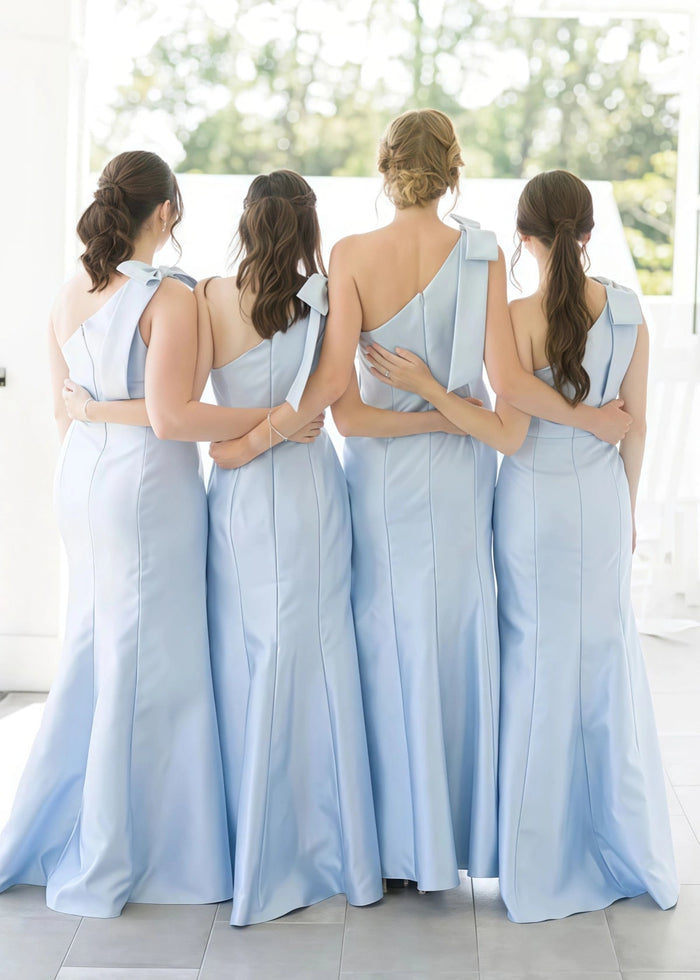 Verna | Sheath Bows Light Blue Satin Maxi Bridesmaid Dress with Sleeveless One Shoulder - Price #price_variant_lowest# - Light Blue - PromDressClub