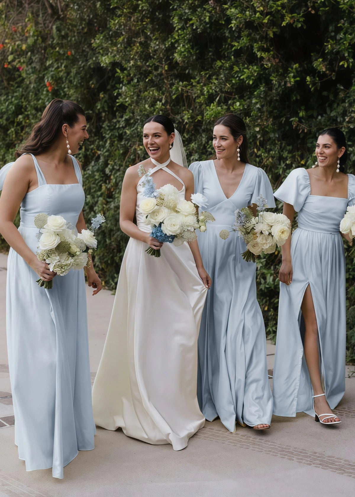 Veromca | Exquisite A Line Yellow Satin Maxi Bridesmaid Dress with Slit - Light Blue - PROMDRESS Club