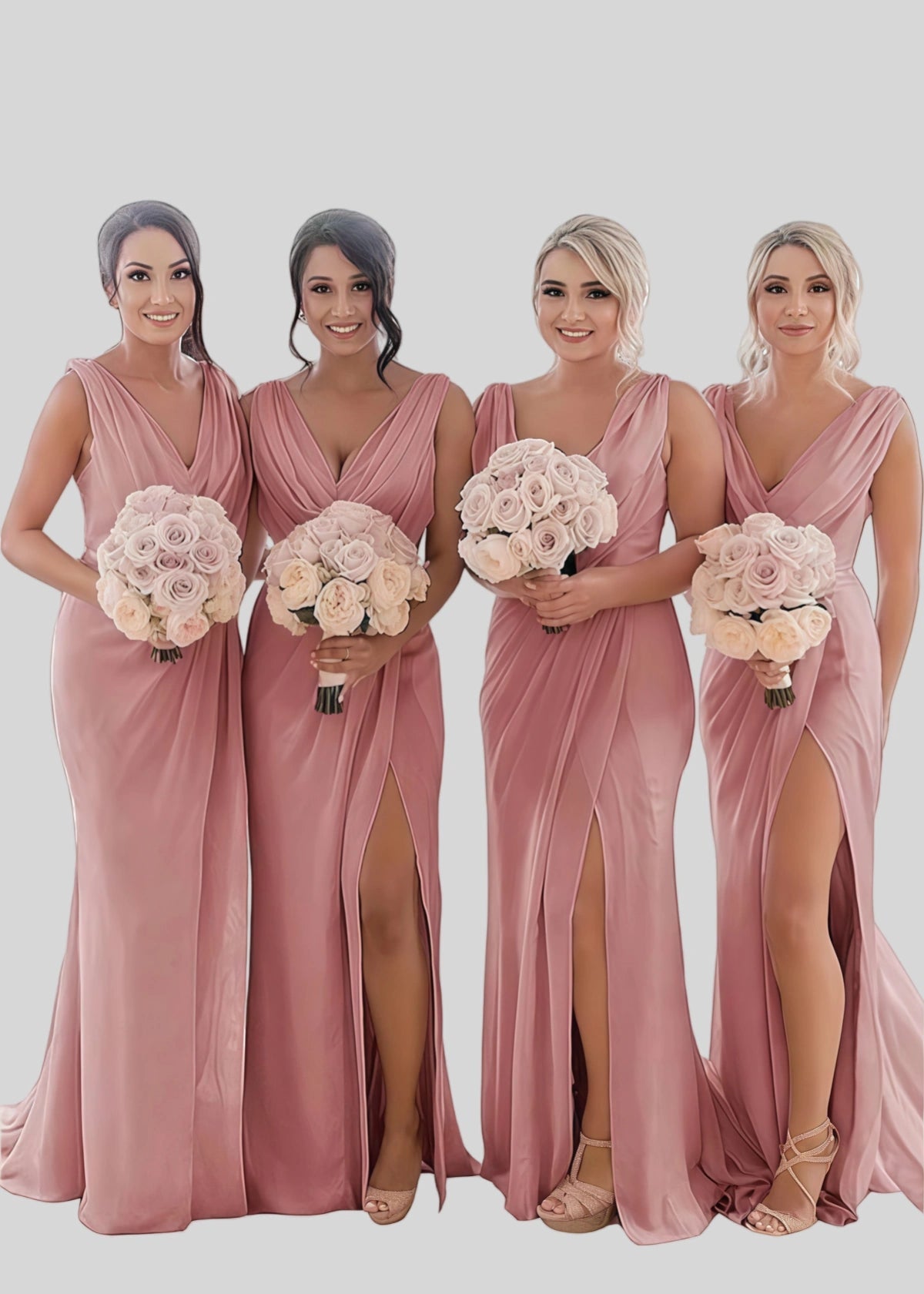 Veronica | Refinement Sheath Ivory Chiffon Maxi Bridesmaid Dress with Slit and Ruched - Rose Gold - PROMDRESS Club