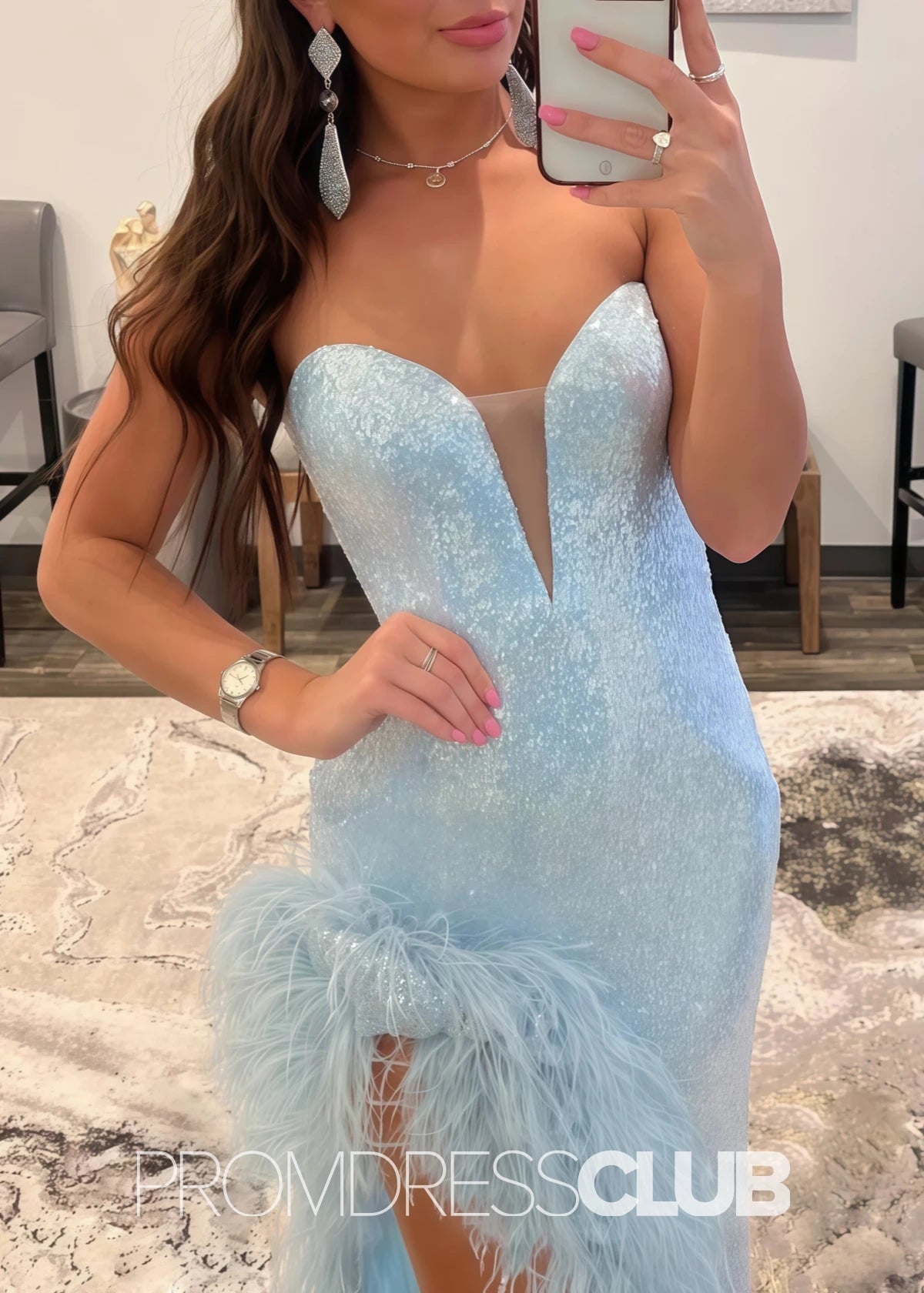 Vicky |Sky Blue Prom Dresses Long Mermaid Sheath Strapless Sequin With Slit - Sky Blue - PromDressClub