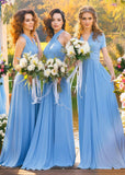 Viola | A - Line Sky Blue Convertible Chiffon Maxi Bridesmaid Dress with Backless and Sleeveless - Sky Blue - PROMDRESS Club