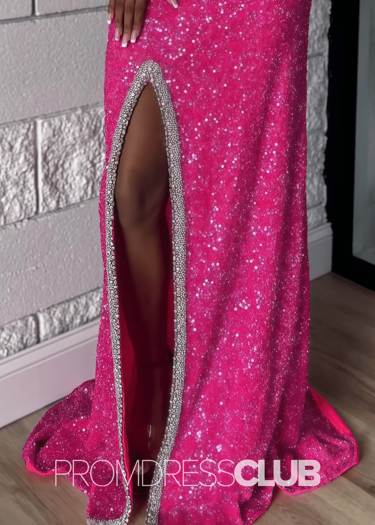 Virginia |Dress for Prom Black Long Mermaid V Neck Sequin with Slit - Hot Pink - PromDressClub