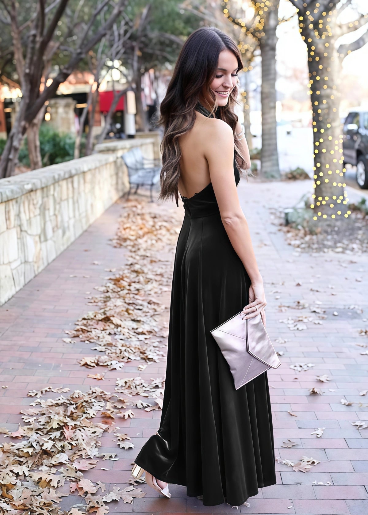 Vita | Exquisite A Line Backless Burgundy Velvet Maxi Bridesmaid Dress with Halter and V - Neck - Black - PROMDRESS Club