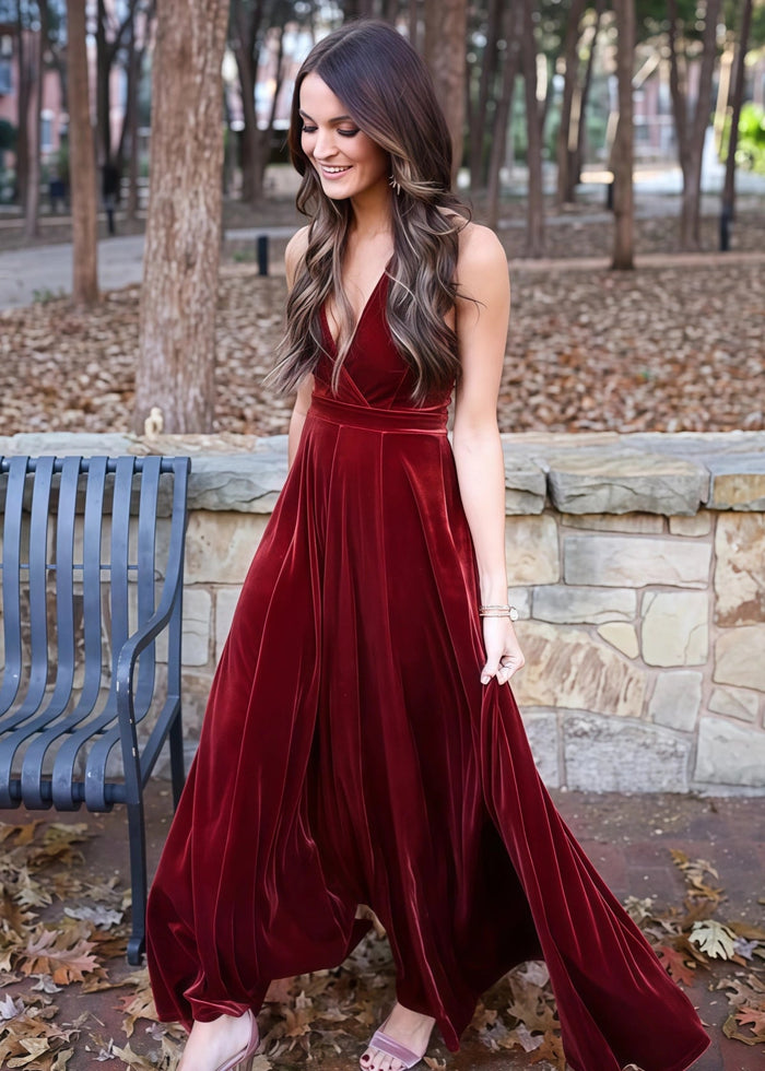 Vita | Exquisite A Line Backless Burgundy Velvet Maxi Bridesmaid Dress with Halter and V - Neck - Price #price_variant_lowest# - Burgundy - PromDressClub