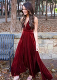 Vita | Exquisite A Line Backless Burgundy Velvet Maxi Bridesmaid Dress with Halter and V - Neck - Burgundy - PROMDRESS Club