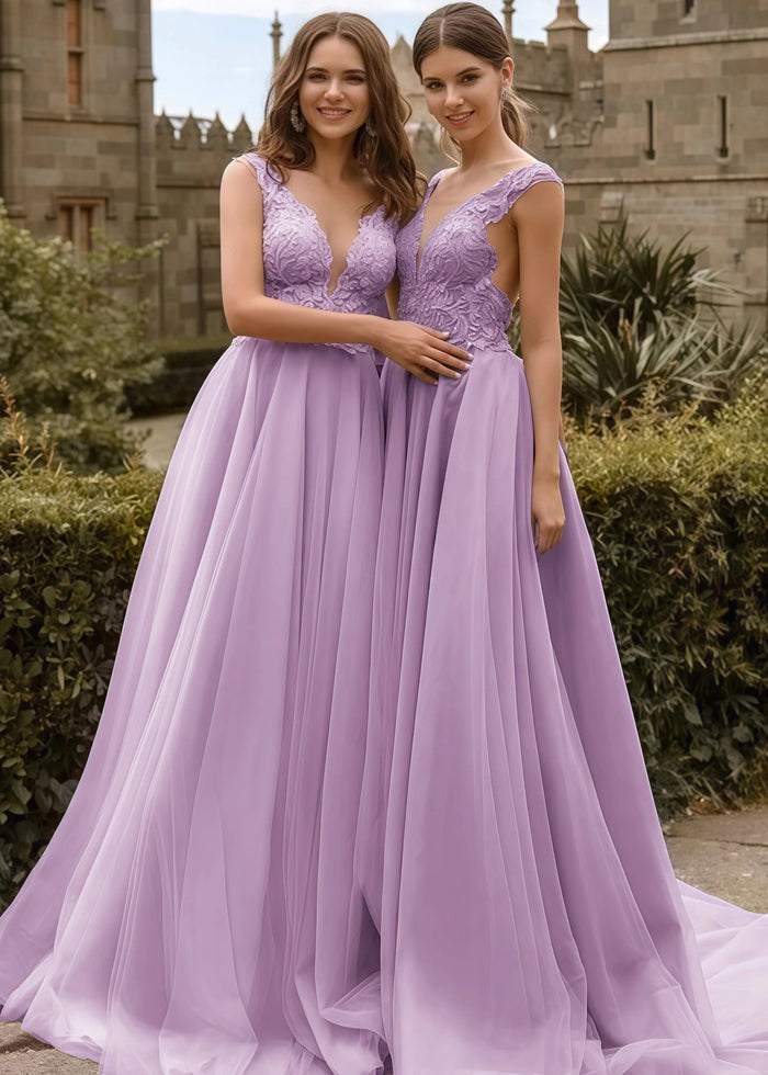 Vivien | A Line Lace Embroidered Light Pink Tulle Maxi Bridesmaid Dress with V - Neck - Price #price_variant_lowest# - Lavender - PromDressClub