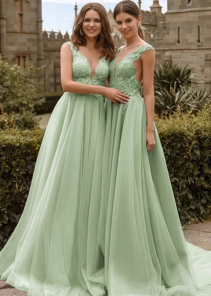 Vivien | A Line Lace Embroidered Light Pink Tulle Maxi Bridesmaid Dress with V - Neck - Price #price_variant_lowest# - Sage - PromDressClub
