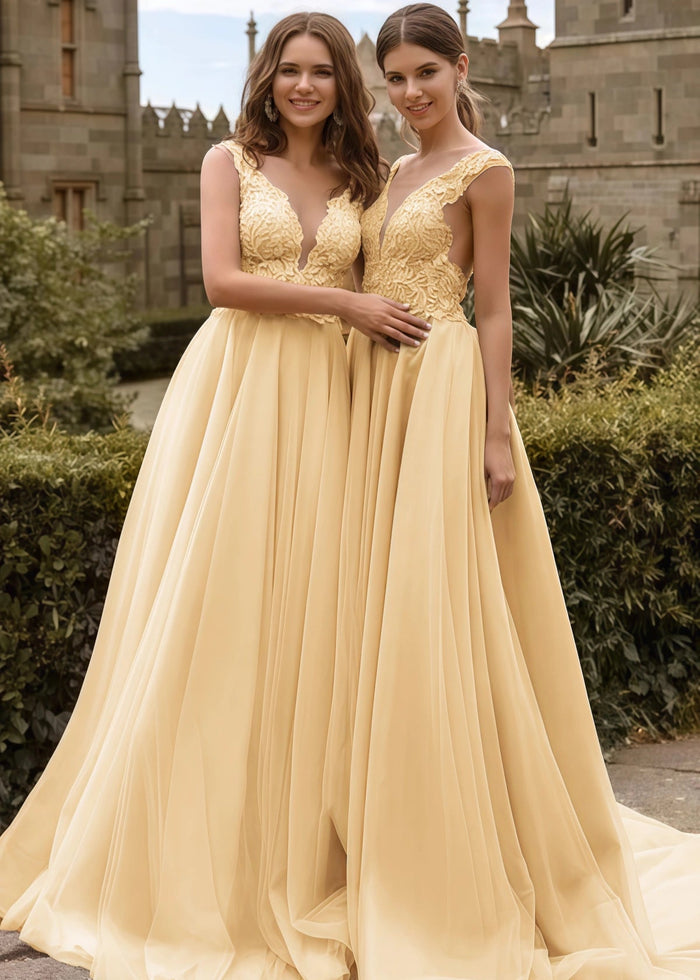 Vivien | A Line Lace Embroidered Light Pink Tulle Maxi Bridesmaid Dress with V - Neck - Price #price_variant_lowest# - Yellow - PromDressClub