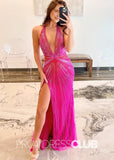 Wendy |Fuchsia Prom Dresses Long Mermaid Halter Beaded With Split - Fuchsia - PromDressClub