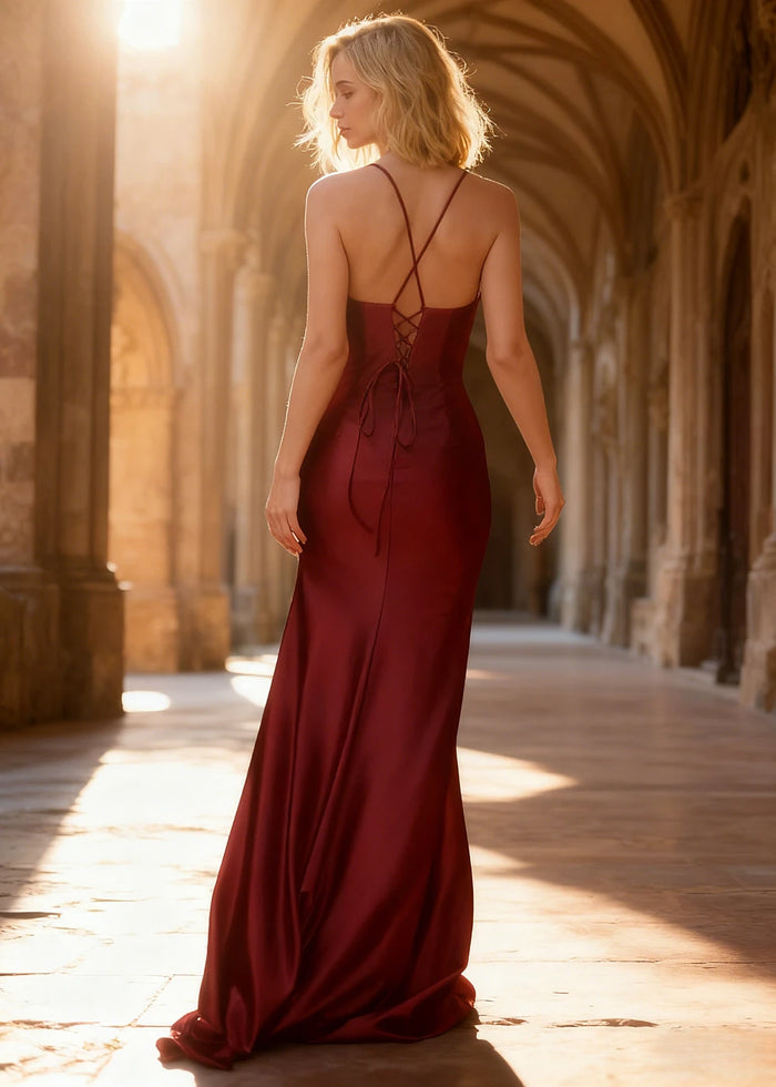 Wren Pleated Burgundy Prom Dress with Slit | Column Spaghetti Strap V - Neck Satin Gown - Burgundy - PromDressClub
