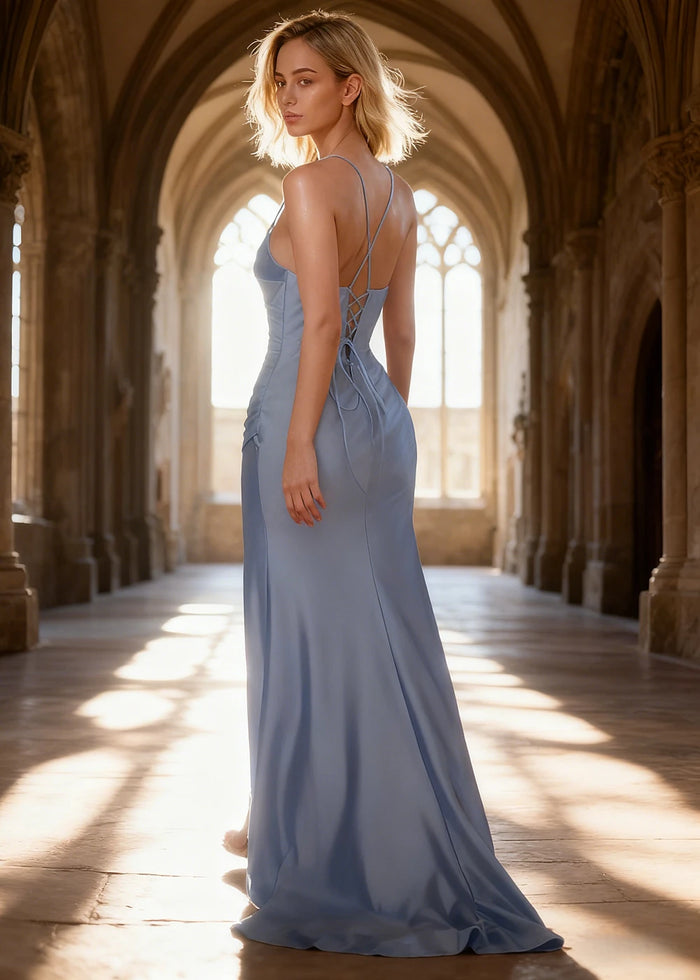 Wren Pleated Light Blue Prom Dress with Slit | Column Spaghetti Strap V - Neck Satin Gown - Light Blue - PromDressClub