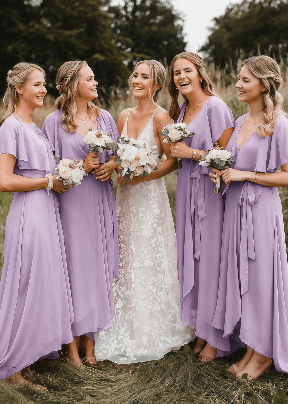 Xanthe | Chic A Line Peach Chiffon Maxi Bridesmaid Dress with V - Neck and Short Sleeve - Lavender - PROMDRESS Club